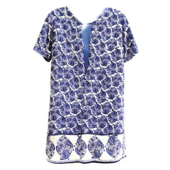 Lulus Shift Dress Taj Majal Tour Blue Print Border Hem Short Sleeve Lined USA M - Picture 4 of 7